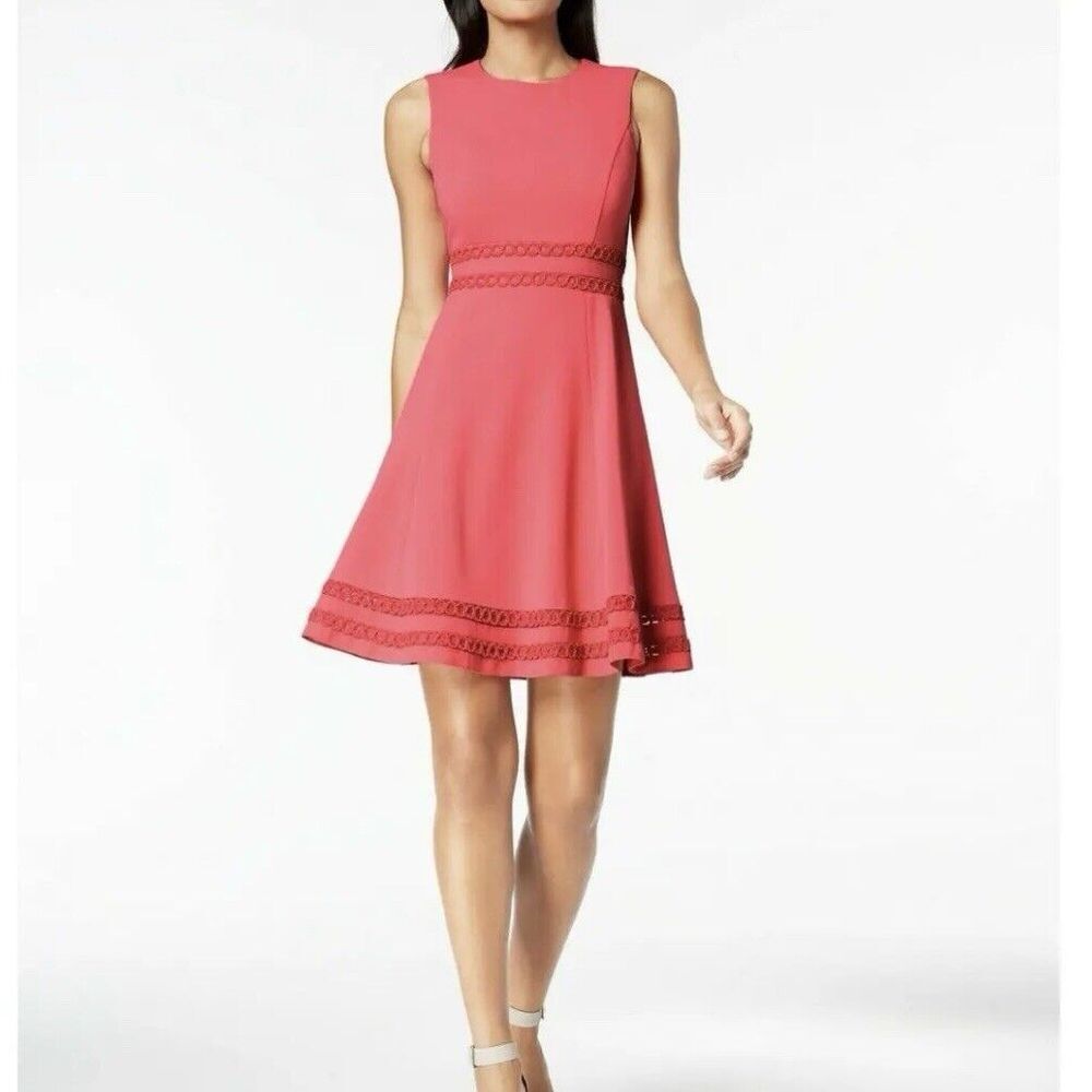 Calvin Klein Pink Circle Trim Fit & Flare Stretch Crepe Sleeveless Dress Size‎ 8